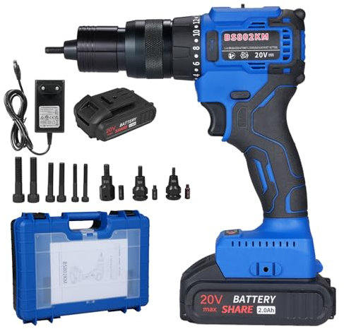 Remachadora eléctrica HUIOP Remachadora inalámbrica de 20 V con batería de 2,0 Ah, kit de tuercas remachadoras eléctricas 2 en 1 con modo de memoria y motor sin escobillas, máquina herramienta automát