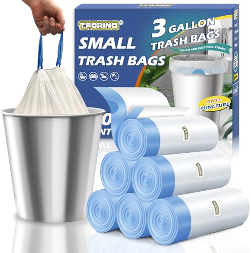 T.FORING Small 3 Gallon Trash Bags Drawstring,0.96 Mil,Unscented,120 Count | Tear-Free,Leakproof,Strong Garbage Can Liners,White,Fit 10 - 12 Liter Waste Bins,for Home Bathroom Office Car Everyday Use