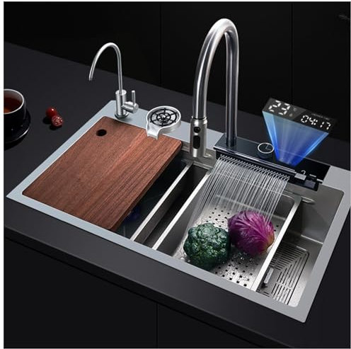 Lavelli da Cucina in Acciaio Inox, a Cascata con Display, lavello Singolo, con Rubinetto Estraibile, Lavatrice a Pressione e Altri Accessori lavello (Grigio Pistola, 80x46x22 cm)