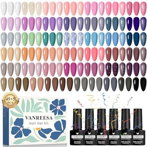 VANREESA Kit Vernis Semi Permanent, 45 Couleurs Vernis Gel UV Semi Permanent avec Base Top Coat Brillant Mat Pailleté, Kit Manucure pour Les Débutants, Cadeaux pour Femmes