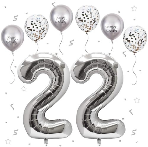 VUCDXOP Silber Luftballon 22, XXL Riesige Geburtstag Ballon 22, 40 - 101cm Ballon Zahl Deko Folienballon Zahlen 2, Geburtstagsdeko Jubiläum Party Deko, Fliegt mit Helium (Nummer 22)