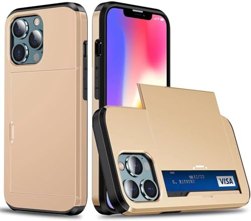 Beajew Coque Portefeuille pour iPhone 6/iPhone 6s avec Porte-Cartes, Étui de Protection Téléphone Double Couche Antichoc, Fente Cachée Coulissante, Antichoc TPU+PC Housse Portefeuille - Or