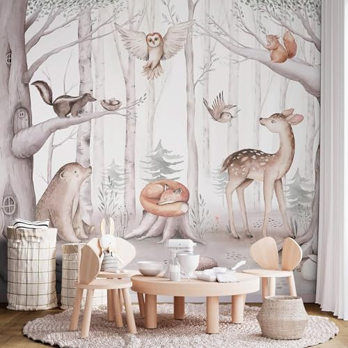Große Kinder Fototapete Kinderzimmer Waldtiere XXL Fuchs Eule Reh Freunde im Wald Kinderzimmertapete