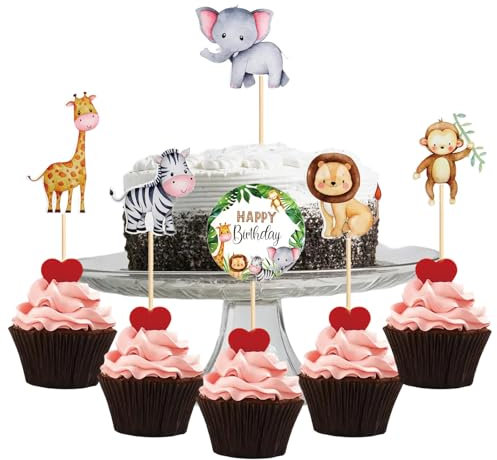 24Stück Jungle Animal Cupcake Toppers, Safari Zoo Dschungel Tortendeko, Happy Birthday Cake Decoration Muffin Deko Geburtstag für Kinder für Kinder Jungs Theme Birthday Party