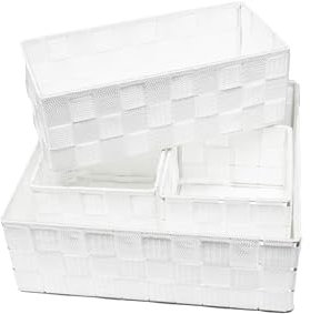 KAMACA 4er Set Aufbewahrungsbox in Rattan Optik Regalkorb stapelbar Aufbewahrungskorb geflochten Mehrzweck-Korb Aufbewahrung Küche Bad Wohnzimmer (4er Set Aufbewahrungsbox weiss)