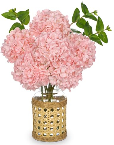 Oairse Kunstblumen Hortensien Kunstblumen mit 6 Hortensien in Glasvase Künstliche Hortensienblüten Künstliche Blumen wie echte für Hochzeit, Zuhause, Hotel, Party, Blumenarrangement, Rosa