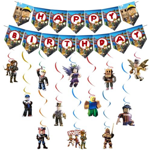 Chukua Rob-lox Geburtstag Deko Jungen Mädchen- Bunting Girlande Hängende Deko Geburtstag Banner Swirl Decorations Happy Birthday Banner Dekoration für Roblo Thema Kindergeburtstag Party Supplies Deko
