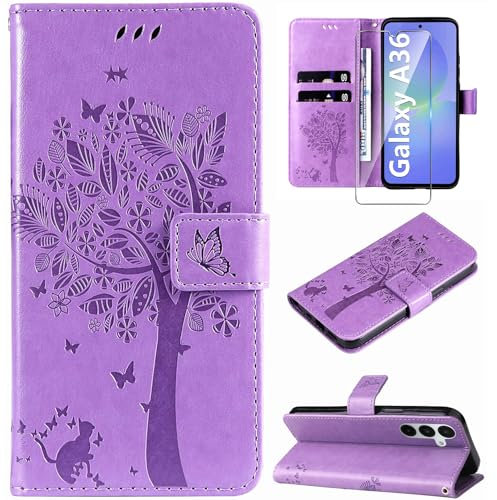 Hancda Phone Case for Samsung Galaxy A36 5G Leather Case with Tempered Glass Screen Protector Wallet Card Holder Slot Flowers Design Magnetic Phone Case Flip Cover for Samsung A36 5G,Purple