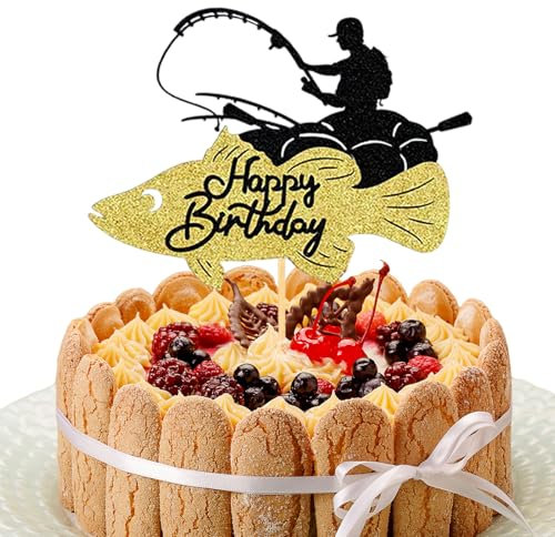 Silars Cake Topper Fisherman Cake Topper Fisherman, 1 Piece Glitter Cake Decoration Birthday Fish, Fishing Cake Decoration for Table Decoration for Fishing Theme Birthday Party (Angler 2)