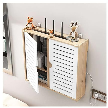 Wooden Wall Mounted WiFi Router Shelf with Cabinet Door for TV Set top Box and Power Strip Cable Management Large Size