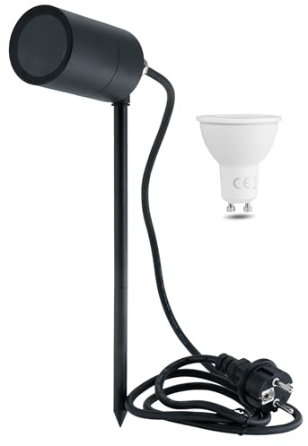 JungesLicht Edelstahl Spießleuchte schwarz IP44, GU10 Sockel, 230Volt, 1,5m Anschlusskabel, Gartenstrahler, Gartenleuchte, Wegeleuchte, Spotleuchte, Aussenleuchte (3000K warmweiss, 9Watt)
