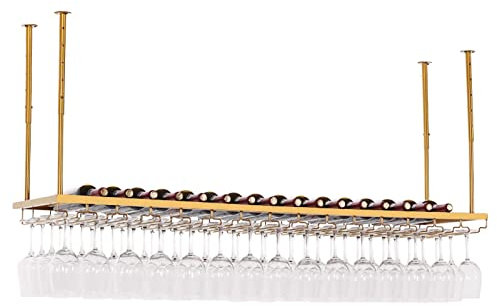 XAoSCd Étagère À Vin Suspendue Au Plafond, Présentoir Vintage avec Étagère À Verres À Pied pour sous-Meuble, Cuisine, Bar, Hauteur Et Largeur Réglables,Gold-80 x 30 x 60cm