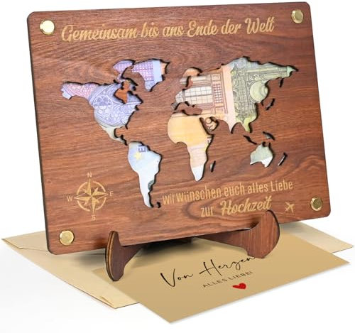 Joellfuner Geldgeschenk Hochzeit, Weltkarte Bilderrahmen Geldgeschenk, Hochzeit Geschenke mit Ständern Briefköpfe, Dekorative Geschenkkarte Holz, Personalisierte Weltkarte für Brautpaar (Braun)