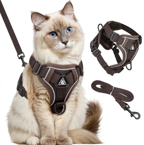 GlasFlength Katzengeschirr mit Leine Ausbruchsicher, Katzenleine mit Geschirr für Katzen Verstellbar Katzen Geschirr Set Cat Harness Softgeschirr für Katze mit Reflektierenden Streifen (Kaffee-S)