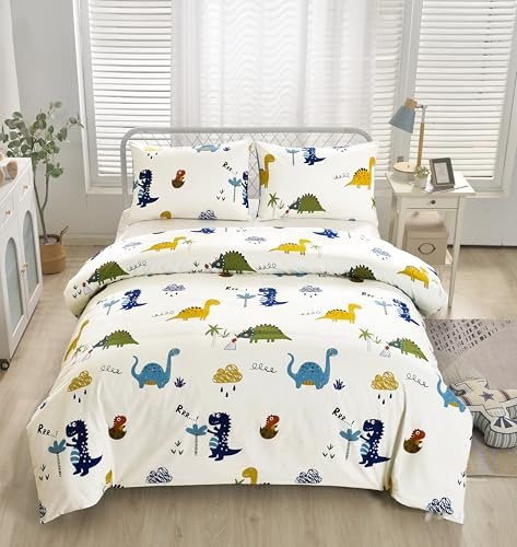 Lunoroey, Set di biancheria da letto con copripiumino per bambini, misura doppia, 100% cotone, per ragazzi e ragazze, con motivo di dinosauri, morbido cotone per tutte le stagioni, copripiumino e