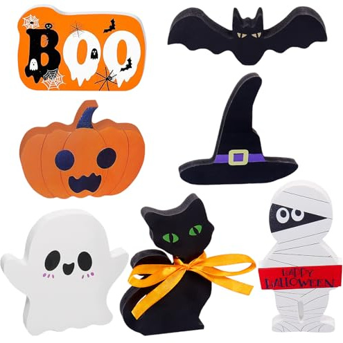 Halloween Deko Geister, 7 Stück Halloween Tischdeko, Kürbis Deko Holz Tischschilder mit Schwarze Katze, Fledermaus, Boo Tischdekoration, Niedliche Halloween Ornamente Aufsteller für Zuhause Innen