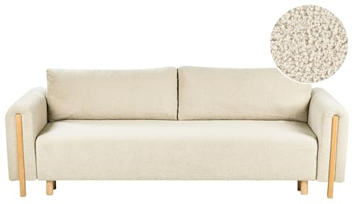 Beliani Schlafsofa aus Bouclé-Stoff mit klick-Klack Klappmechanismus und Stauraum minimalistisch mit Armlehnen cremeweiß Kvam