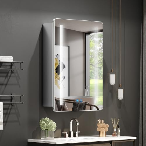 LUMIRRORS® LED Bathroom Mirror Cabinets with Lights and Shaver Socket 50x70cm, Wall Mounted Bathroom Cabinet with Mirrors, 3 Colour Lighting, Anti Fog, Dimmer, Touch Switch, Glass Shelves, IP44