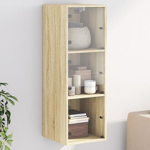 mtlskopl Armoire murale avec portes en verre chêne Sonoma - 35 x 37 x 100 cm - Étagère de bureau moderne - Peu encombrante - Pour bureau à domicile, chambre à coucher, couloir