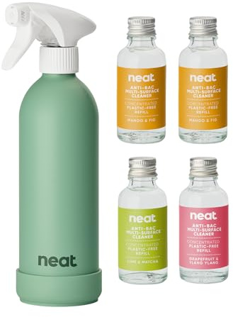 Neat Multi-Surface Antibacterial Cleaning Spray, 3 Scents – Natural Cleaning Solution for Home & Office, Pet Friendly, Plant Based, Reusable Sage Aluminium Bottle, 4x30ml Concentrate Bottles