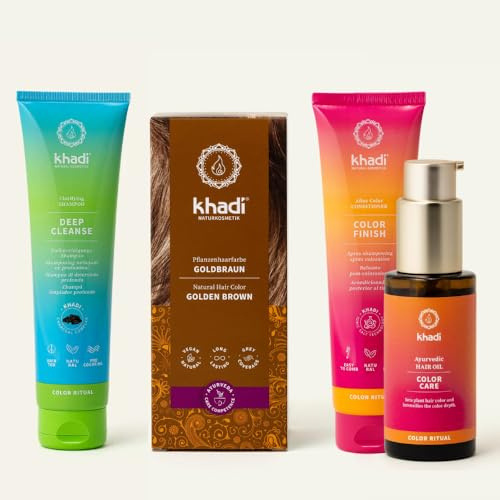 khadi ColorCycle CASTANO DORATO Kit completo - Tinte vegetal para el cabello + DEEP CLEANSE Champú clarificante ayurvédico + COLOR FINISH Acondicionador para después del tinte + Aceite capilar COLOR C
