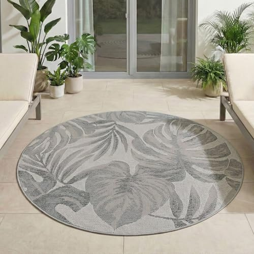 Carpetsale24 Outdoor Teppich Rund 200 cm Grau, Wetterfest UV-beständig, Garten Terrasse Wohnzimmer Esszimmer Teppich Indoor Outdoor, Palmblätter Design