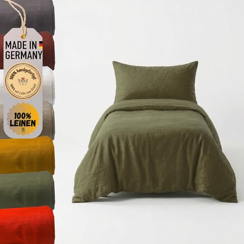 chambry Premium Bettwäsche 100 % Leinen - handgefertigt in Deutschland - atmungsaktiv temperaturausgleichend bügelfrei - Bettbezug 135x200cm + Kissenbezug 40x80cm - Khaki