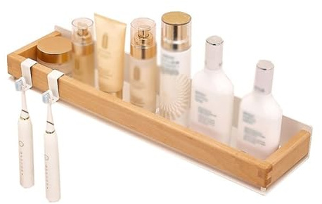 VNVFJKLO étagère de Salle de Bain, Étagère de Douche rectangulaire en Bois avec Garde-Corps et Porte-Brosse à Dents - Rangement décoration for Serviettes(40cm)