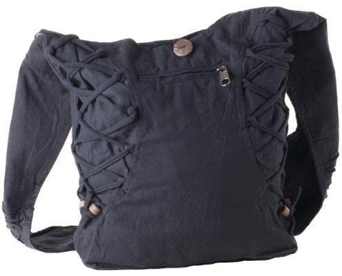 Vishes Alternative Bekleidung - Yogi Umhängetasche aus Baumwolle mit Schnüren und Holzperlen schwarz-schwarz