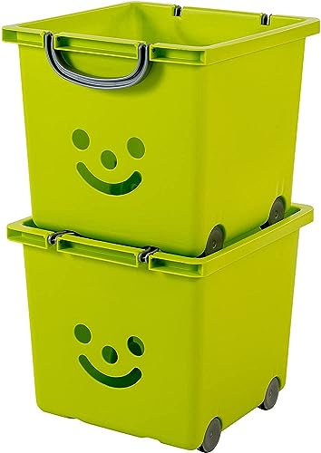 Iris Ohyama, Box, Behälter, Kinderspielzeug-Organizer, 2er-Set, 34 l, BPA-frei ? KCB-43 ? grün, stapelbar, Verschlussklammern ? B32,5 x T43,5 x H31,5 cm