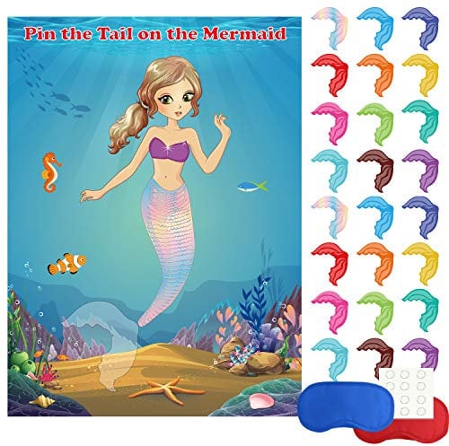 FEPITO Meerjungfrau Party Lieferungen Pin The Tail auf der Meerjungfrau Party Spiel mit 24 Stück Schwanz Aufkleber für Meerjungfrau Party Favors, Kinder Geburtstag Party