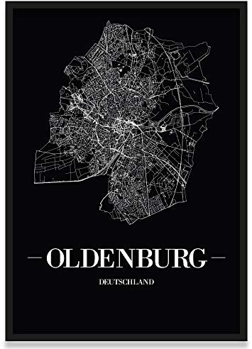 JUNIWORDS Stadtposter, Oldenburg, Wähle eine Größe, 21 x 30 cm, Poster mit Rahmen, Schrift A, Schwarz
