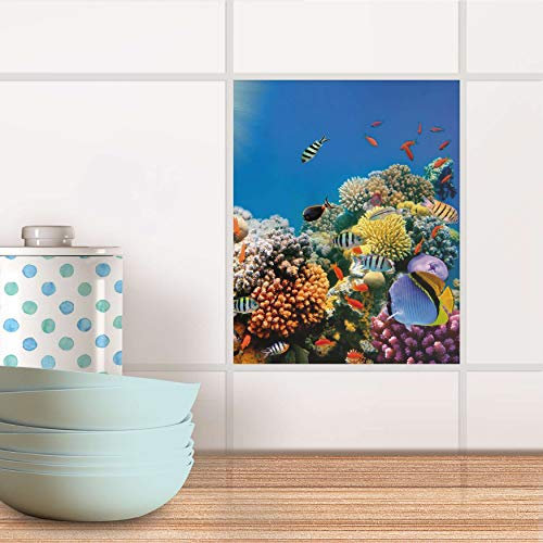 Fliesenbild für Bad und Küche I Fliesen-Sticker Aufkleber selbstklebend I Fliesen renovieren - Stickerfliesen für Küchen- und Badfliesen I Design: Coral Reef