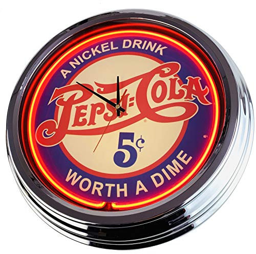 US-Way.de Pepsi 5c WallClock Deko-Clock – 44 cm Durchmesser, Deko-Wanduhr ohne Tickgeräusche und gut lesbares Display, USA 50er-Jahre-Stil Neon-Uhr für Küche, Wohnzimmer, Büro (Orange)