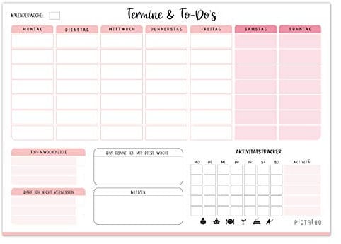 PICTALOO Wochenplaner Block 50 Blatt inkl. Aktivitätstracker, Wochenzielen und Notizen, ohne Datum, praktischer Terminplaner und To-Do-Liste, Tagesplaner, DIN A4 (rosa)