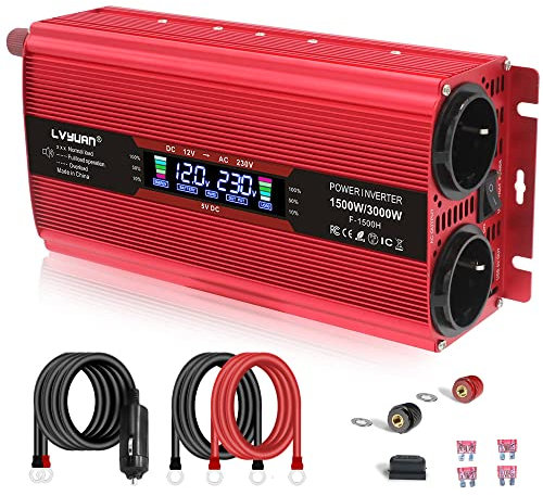 Cantonape Inversor de Corriente 1500W (Pico 3000W), DC 12V a AC 220V-240V, Convertidor de Corriente con 2 EU Tomas y Big Pantalla LCD, Onda modificada Inversor para Coche Camping Camión RV …