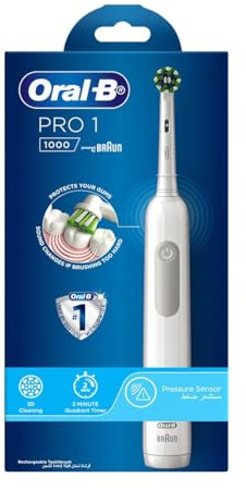 Oral-B Elektrische wiederaufladbare Zahnbürste Pro 1 1000 mit Drucksensor, angetrieben von Braun - Weiß