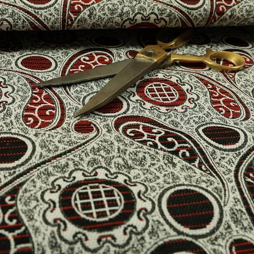 Redbrick Mill Fabrics Moderne Polsterstoffe mit Paisley-Damastmuster in Rot und Schwarz (Meterware)