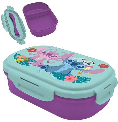 Disney Stitch Lunchbox Made of BPA Free Plastic, Children's Lunchbox with Cutlery, Dishwasher Safe Travel Sandwich Box for Kids, Summer Back to School, Size-21cm