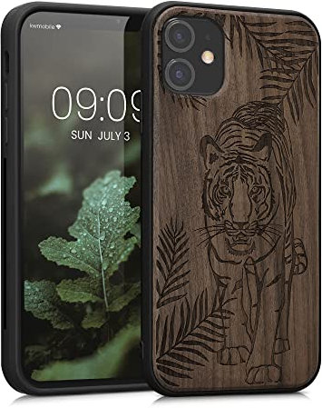 kwmobile Wood Case Compatible with Apple iPhone 11 Case - Cover - Tiger Palm Tree Dark Brown