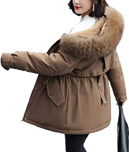Minetom Femme Manteau Hiver Doudoune Chaud Parka Longue Blouson À Capuche en Fausse Fourrure Trenche Grande Taille Duvet en Coton C Kaki S