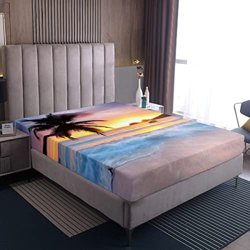 Loussiesd Ozeanwelle Spannbetttuch 140x200cm für Schlafzimmer-Dekor Sommer Meer Strand Spannbettlaken Hawaiianische Tropische Palme Gedruckte Mikrofaser Bettlaken Sonnenuntergang