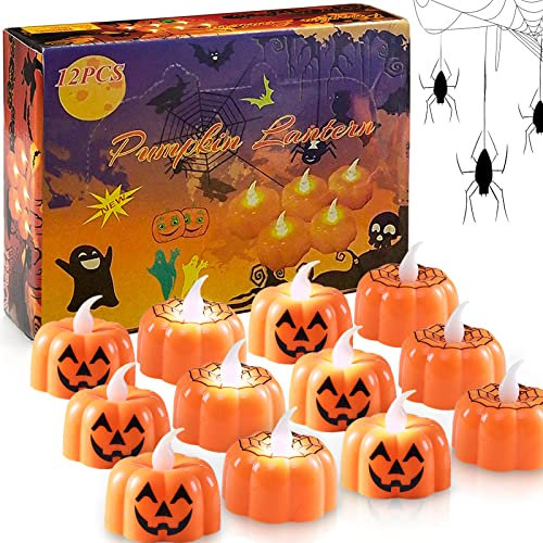 JSRHEEM 12Stücke Halloween kürbis LED, Halloween Deko Lichterkette, Kürbis LED Kerzen Flammenlose für Halloween Weihnachten Ostern Festival Party