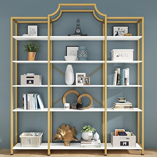 Auromie Triple Wide 5-Tier Bookshelf, 70.87 L x 79.13 H Extra Large Gold Bookcase, Tall Display Shelf with Metal Frame, Freestanding Etagere Storage Display Shelf for Home Office, White Gold