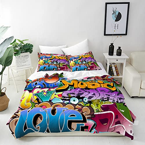 ANHOPE Bunte Hippie Urban Graffiti Bettwäsche Set 3 Teilig Weich Bettbezug 200x200 cm + 2 Kissenbezug 50x70 cm Microfaser Bettbezüge Set mit Reißverschluss Bettdeckenbezug für Kinder Jungen Mädchen