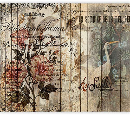 murando - Fototapete Premium-Vlies Vintage 350x256cm - Foto Tapete Wohnzimmer Vliestapete Wandtapete Motivtapeten Bildtapete 3d Effekt Wand Dekoration Flur Holzoptik Retro Blumen Monstera Vogel