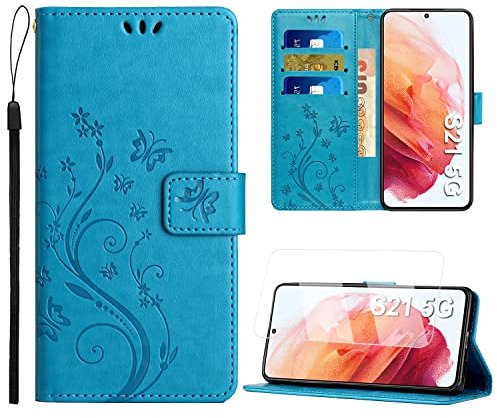 ANSHOW for Samsung Galaxy S21 Wallet Case with Lanyard, with Screen Protector, Flip Leather Case with Cards Holder Phone Case with Kickstand Cover for Samsung S21, Blue