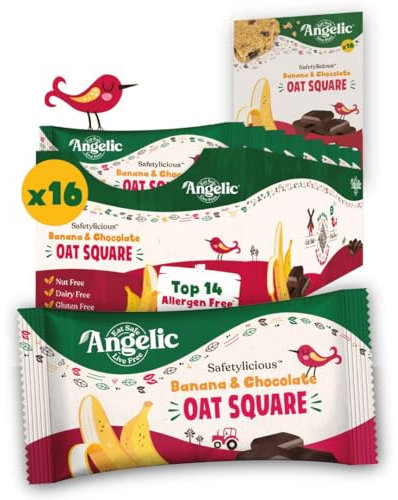 Angelic Free From 16 Pack Banana & Chocolate Oat Squares. Vegan Allergen Free Kids Snack Oat Bars For Snacks & Lunch Box. Nut, Gluten, Egg & Dairy Free Multipack Kids Snack Bars (16 x 30g Bars)