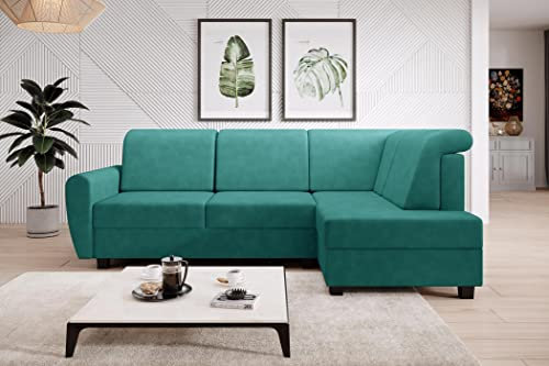 MODERNO Milo Ecksofa mit Schlaffunktion Sofa Couch L-Form mit Geformten Kissen Schlafsofa mit Bettkasten Wohnlandschaft Schlafcouch Moderne Wohnzimmermöbel Eckcouch Rechts Türkis