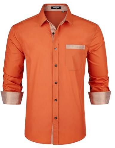Enlision Men Shirts Long Sleeve Smart Casual Orange Shirts for Men UK Stain Large Oversized Non-Iron Breathable for Autumn Winter New Year 4XL
